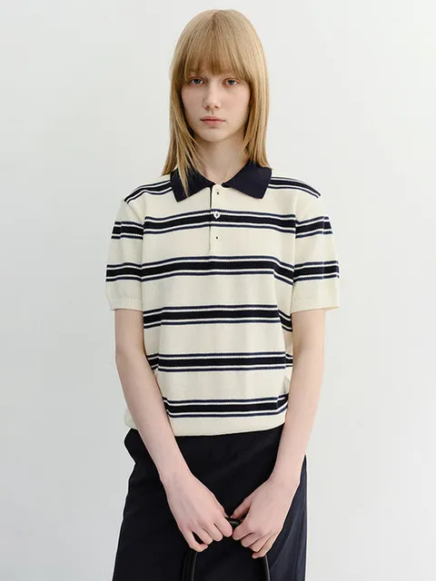 UNISEX MULTI STRIPED POLO KNIT CREAM NAVY_UDSW6B122CR