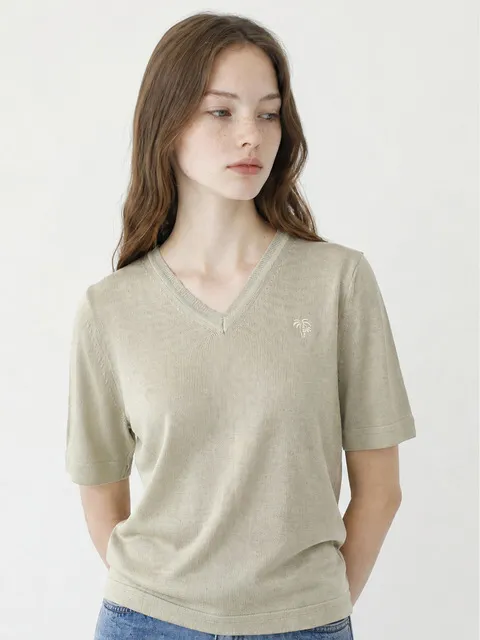 Aether Palm Silk-Vneck Knit Pullover_Beige S M