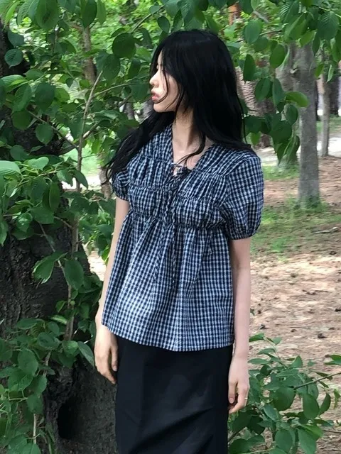 Roe Ribbon Check Blouse_Navy