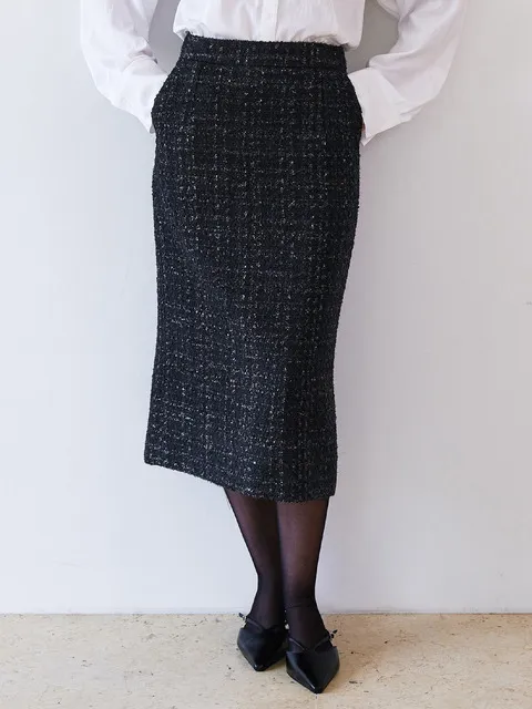 Wool Tweed Knee-Length Skirt _ Black