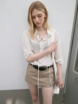 AIRY STRIPE LACE-UP SHIRT_BEIGE