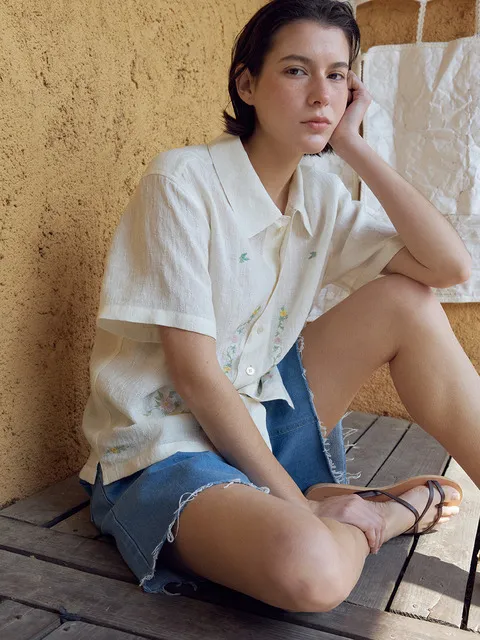 Square Linen Flower Shirt Ivory_F262SH11