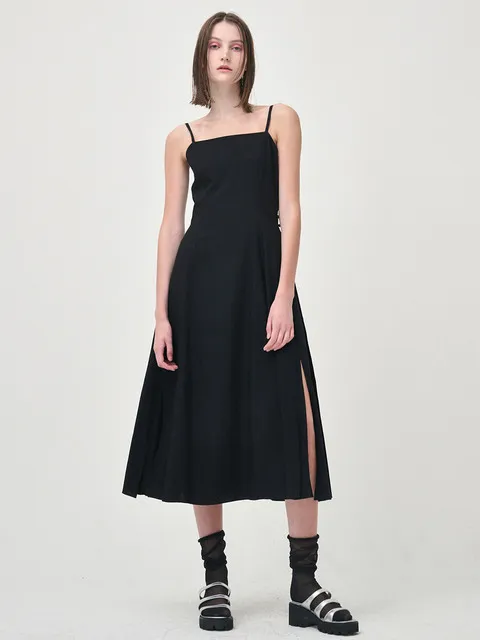 Slip Line Button Detail Dress, Black