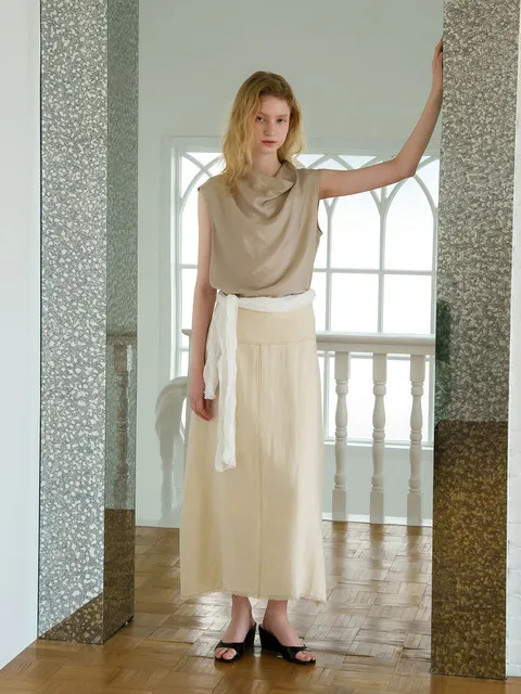 E Contrast Stitch Linen Fringe Skirt_Cream