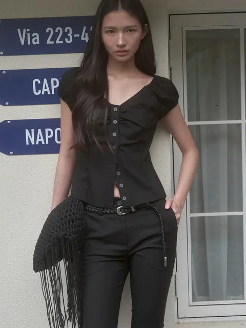 CAP SLEEVE BUTTON BLOUSE_BLACK