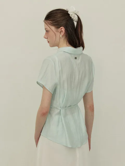 See through sheer belt shirt - blue