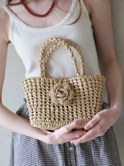 Camellia Handmade Crochet Raffia Mini Tote Bag _ Natural Beige