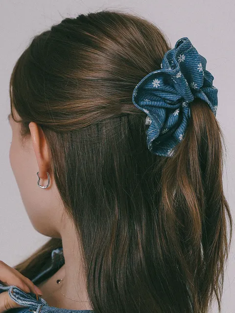 Denim Flower Fabric Scrunchie H01356