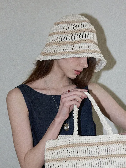 Moroccan Handmade Crochet Stripe Bucket Hat _ Cream