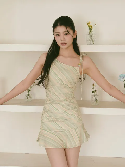 원숄더 드레이프 원피스 스트라이프 그린