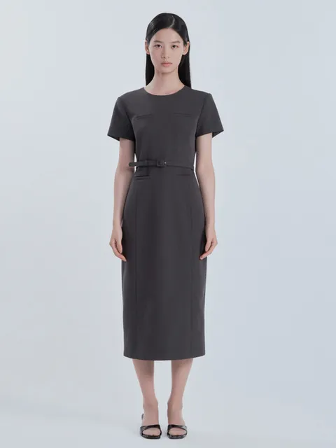 Belted Round Neck Long Suit Dress - Charcoal