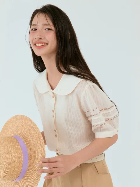 Embroidered Sleeve Peter Pan Blouse_Beige