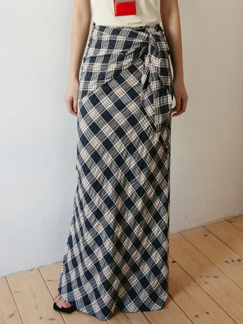 스카프 세트 맥시 스커트 (Navy check)_2GSUSK02