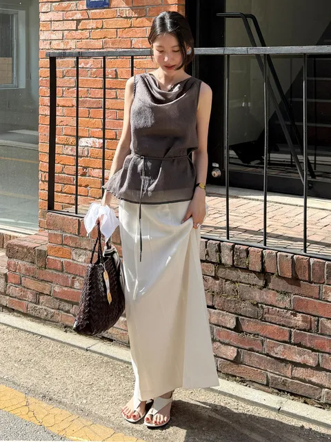 린넨 벨티드 맥시 스커트_IVORY