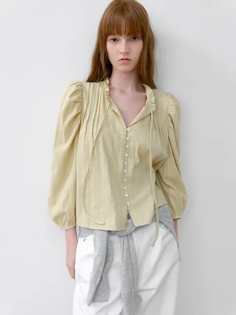 VOLUME SLEEVE LACE COTTON BLOUSE (BL-4394)