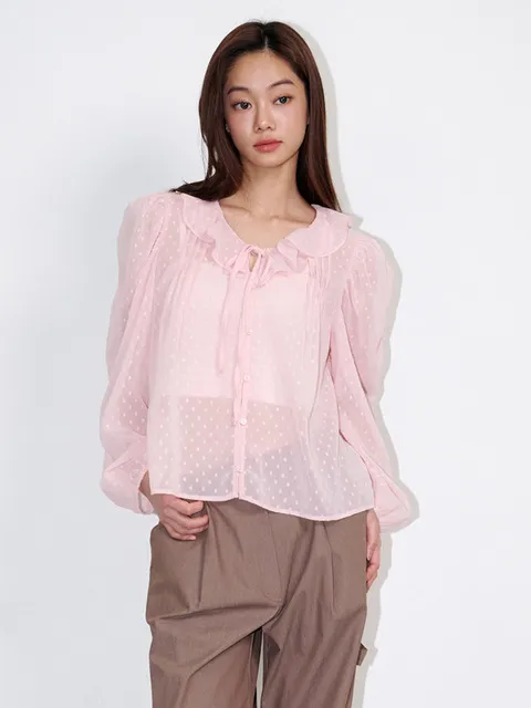 Ruffled See-through Dot Blouse Pink