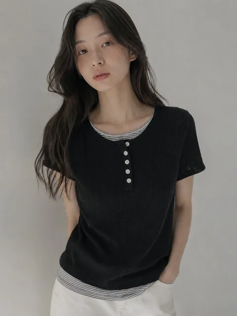 소프트 레이어드 헨리넥 반팔 티 블랙