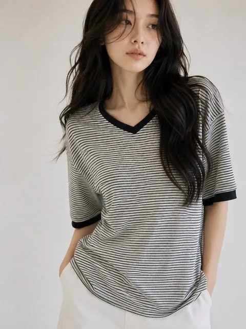 메리노 울 스트라이프 브이넥 반팔 티 아이보리