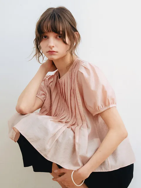 E Tuck Detail Viscose Blouse_Peony