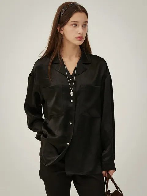 PEARL OPEN COLLAR SHIRT - BLACK
