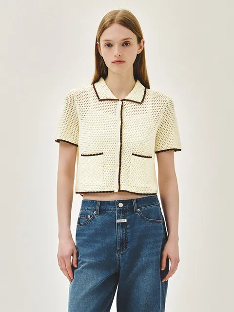 W CROCHET HALF KNIT CARDIGAN ivory
