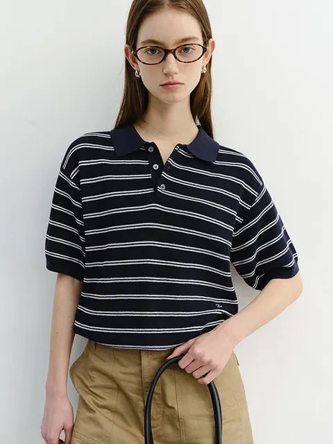 UNISEX SOFT STRIPED POLO KNIT NAVY_UDSW6B121N2