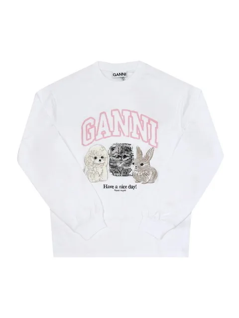 GANNI T4275 151 애니멀 로고 프린트 리컷 헤비 여성 긴팔티