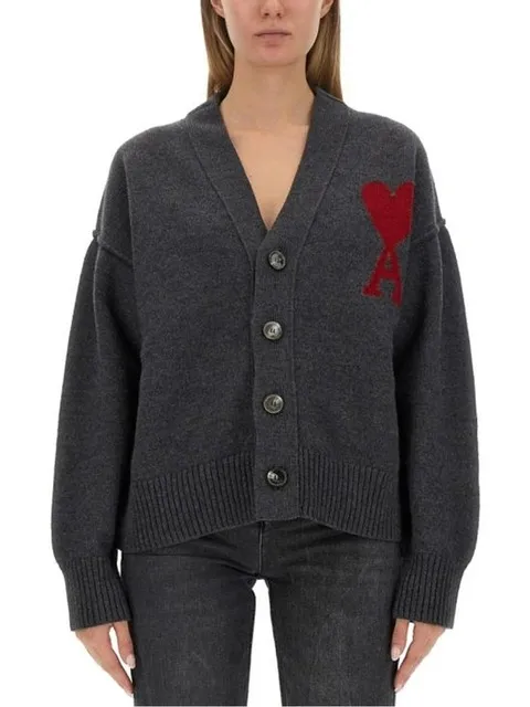 아미 빅하트 로고 가디건 BFUKC006 018 084 HEATHER GREY RED DOM