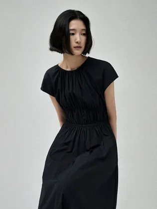 MUTE SHIRRING LONG DRESS_NAVY