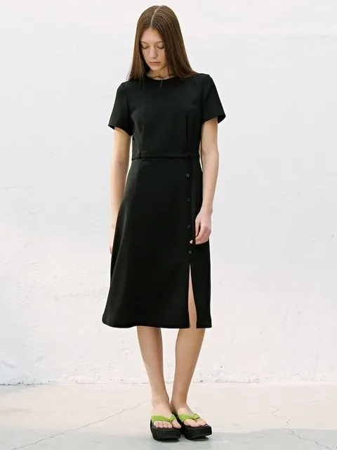 Belted Button Long Dress Black (KE6571M045)
