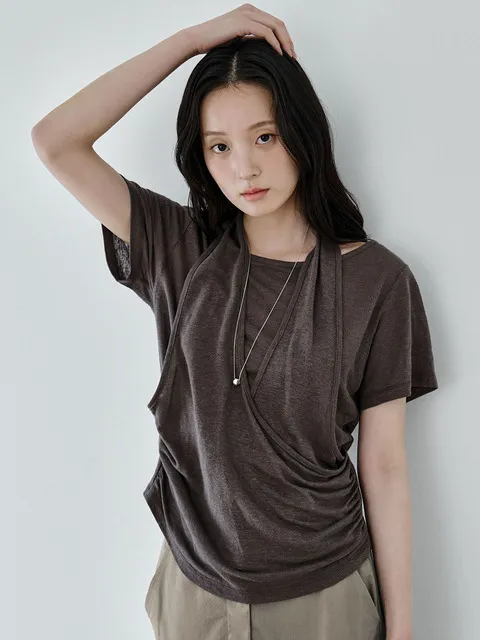 Layered halter drape T-shirt_ Charcoal