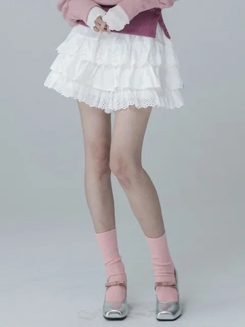 LACE BANDING SKIRT PANTS_WHITE