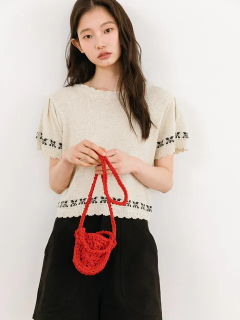 linen floral jacquard puff top