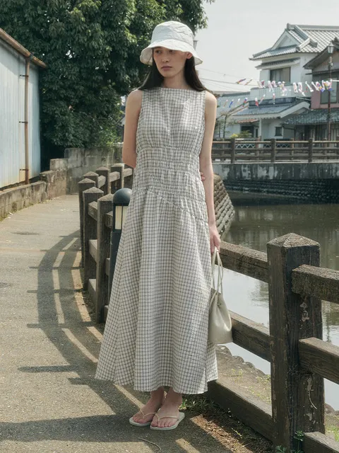 SOMEL SMOCKED LONG DRESS_CHECK