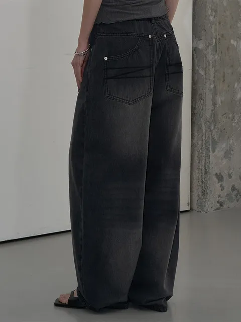 POCKET DETAIL WIDE DENIM PANTS (WASHED BLACK)