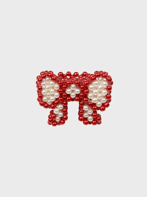 BEADED PEARL BOW RING (RED)