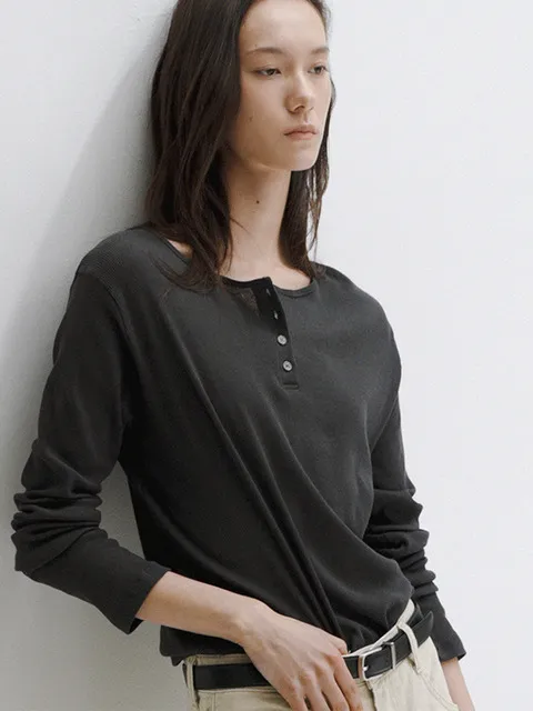 Sheer Ribbed Long Sleeve Henley Top_3COLORS