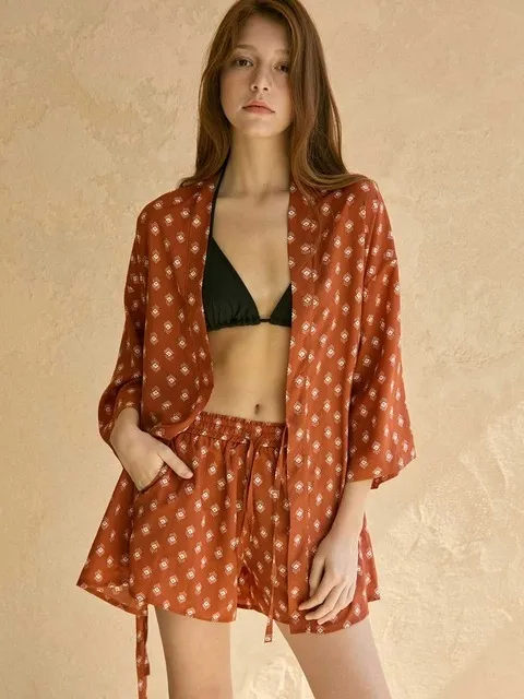 테라 에스닉 숏 로브 & 쇼츠 Set 2pcs - Brown