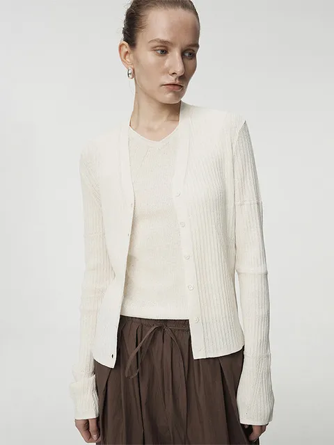Linen Cotton Ribbed V Neck Cardigan_Vanilla
