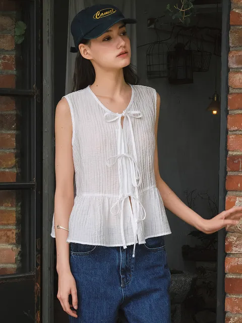 G Ribbon Shirring Sleeveless_White