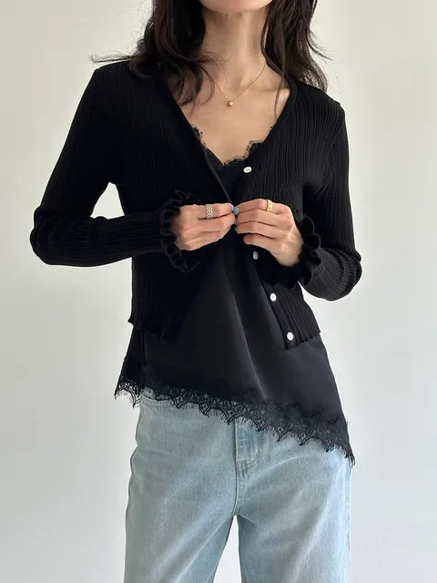 Bell pleats knit cardigan_BLACK