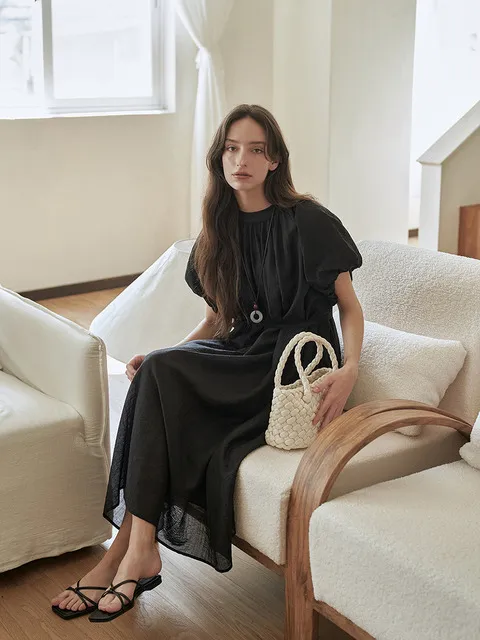 Velia Puff Flare Maxi Dress Black