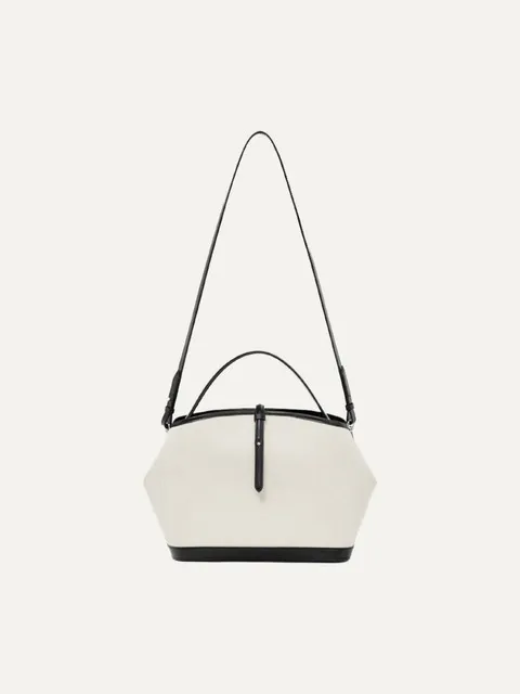 Leather-Trimmed Canvas Crossbody Ecru