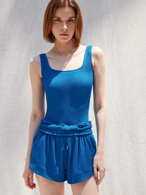 Square-neck swimsuit & pants set_marine blue