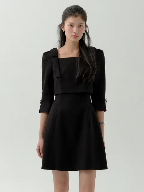Overlay Cup Cake Three-Quarter Sleeve Dress-Mini(3Color)