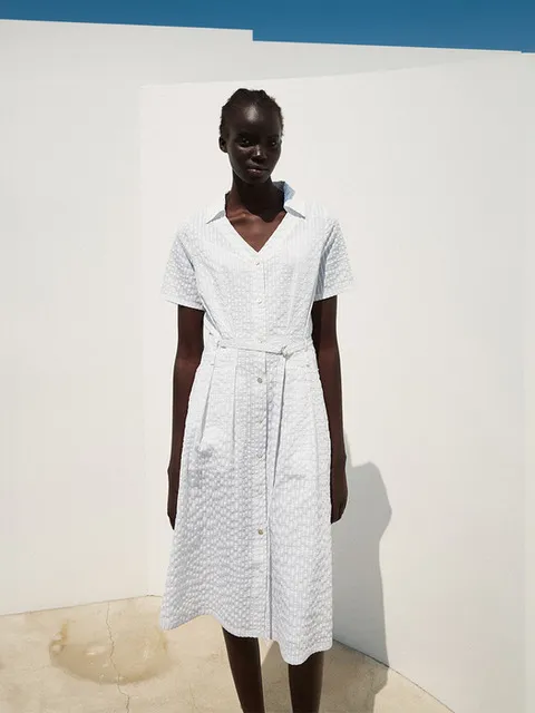 BELTED SEERSUCKER MIDI DRESS