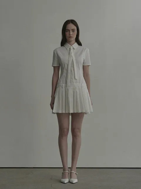 Tie Pleated Shirt Dress - White