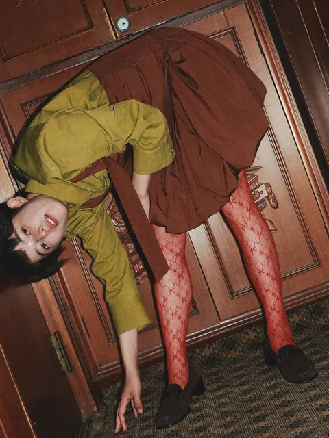 플라워 자카드 레이스 스타킹 레드