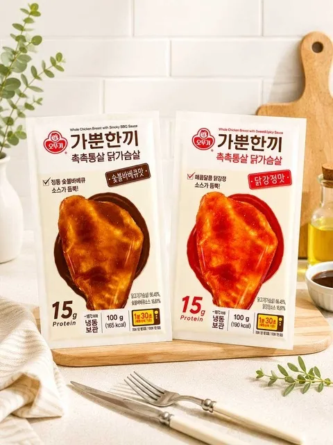 오뚜기 가뿐한끼 촉촉통살 닭가슴살 2종 세트 (숯불 바베큐맛 15 + 닭강정맛 15)