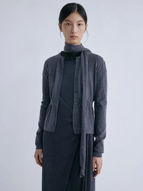 Rib Round Neck Cardigan_Charcoal